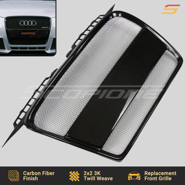 Angled view of Scopione carbon fiber front grille for Audi A3 8P non-S-Line