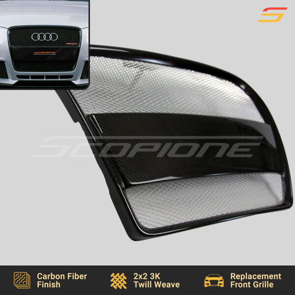 Angled view of Scopione carbon fiber front grille for Audi A3 8P base model