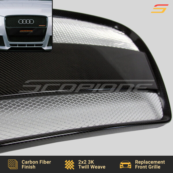 Close-up of carbon fiber weave on Scopione front bumper grille for Audi A3 8P non-S-Line