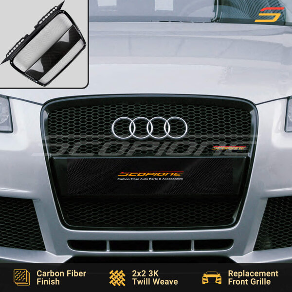 Scopione carbon fiber grille installed on Audi A3 8P non-S-Line front bumper