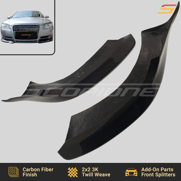 Angled view of Scopione carbon fiber front splitters for Audi A4 B7 base model