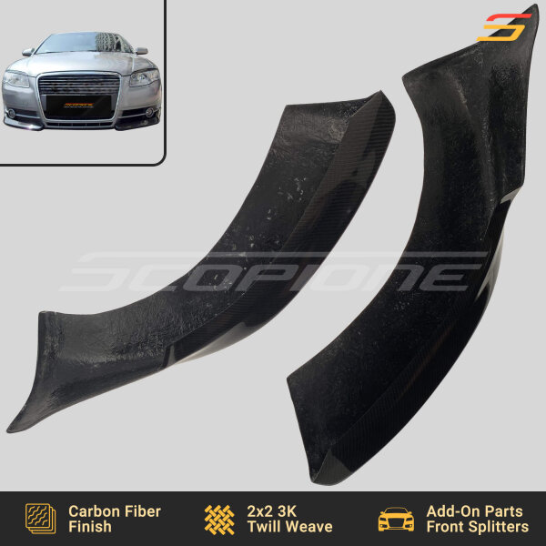 Underside view of Scopione carbon fiber front bumper splitters for Audi A4 B7 non-S-Line