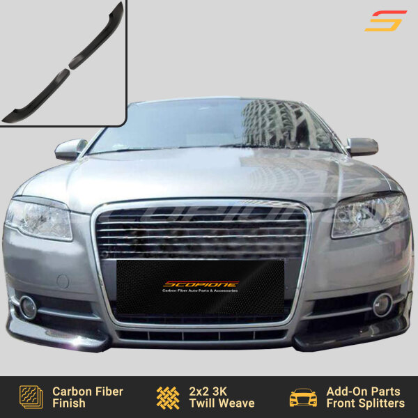 Scopione carbon fiber front splitters installed on Audi A4 B7 non-S-Line bumper
