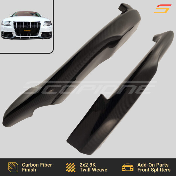 Scopione Audi A4 B8 non-S-Line carbon fiber splitters displayed flat on surface