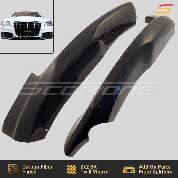 Angled view of Scopione carbon fiber front splitters for Audi A4 B8 base model