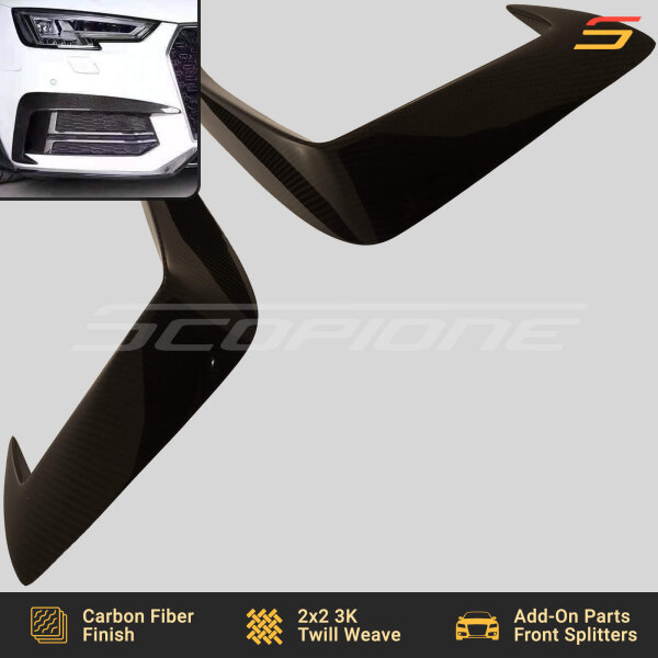 Close-up of Scopione carbon fiber weave on front bumper canards for Audi A4 B9 S-Line