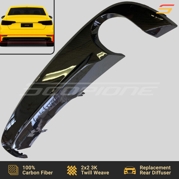 Angled view of Scopione carbon fiber rear diffuser for Audi A4 B9 dual exhaust