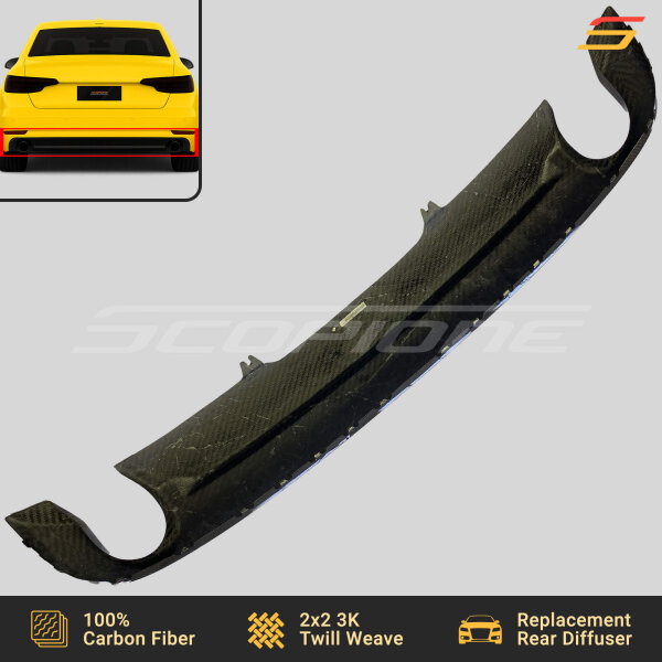 Underside view of Scopione carbon fiber rear diffuser for Audi A4 B9 S-Line