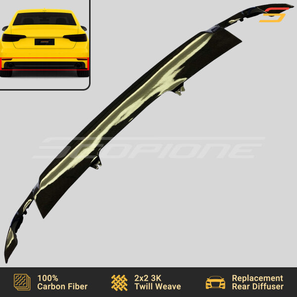 Close-up of carbon fiber weave on Scopione Audi A4 B9 rear bumper diffuser