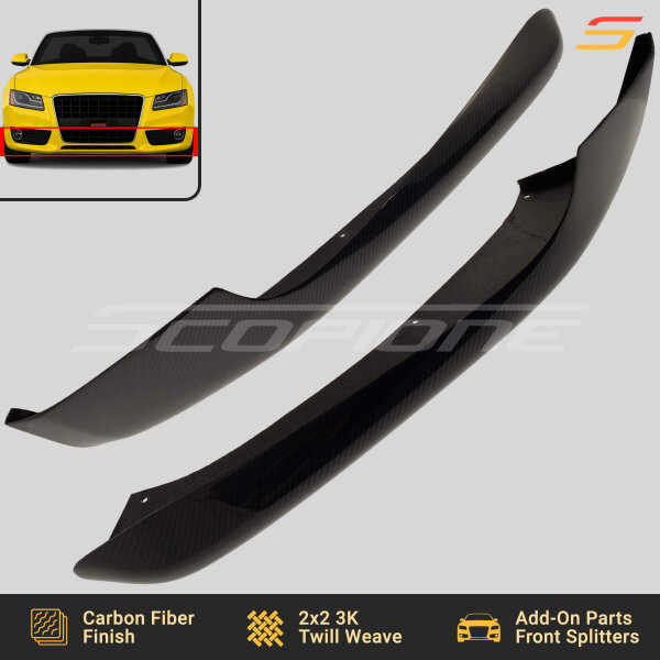Angled view of Scopione carbon fiber front bumper splitters for Audi A5 B8