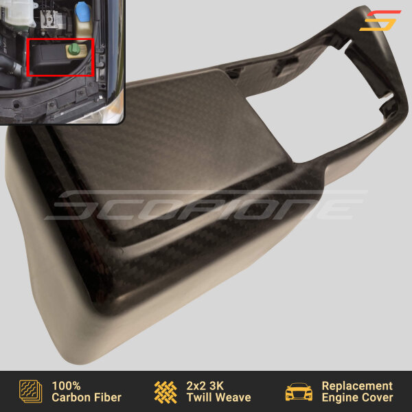 Angled view of Scopione carbon fiber power steering fluid cover for Audi B5