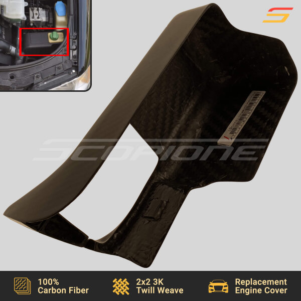 Underside view of Scopione carbon fiber power steering fluid cover for Audi B5