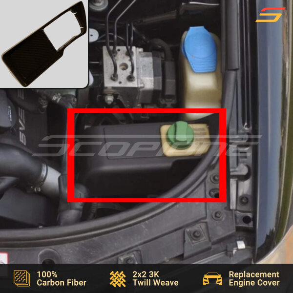 Scopione carbon fiber power steering reservoir cover installed in Audi S4 B5 engine bay