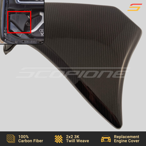 Front angled view of Scopione carbon fiber airbox engine cover for Audi 2.7T