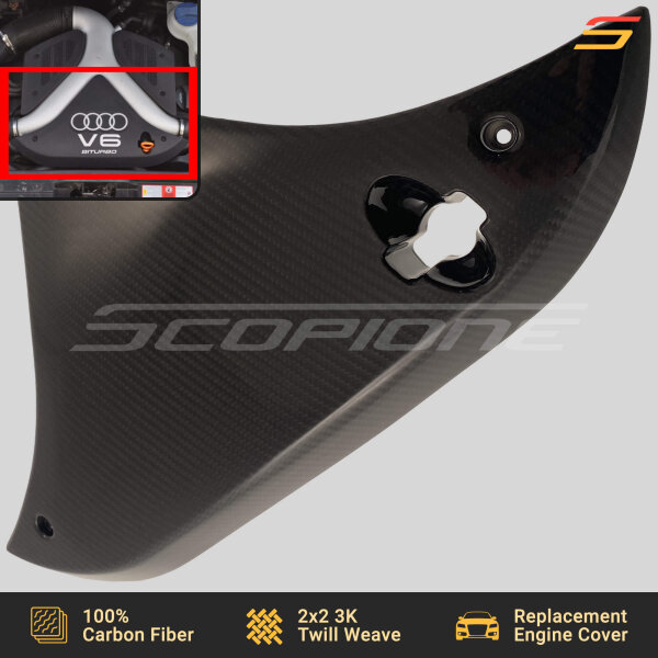 Angled view of Scopione carbon fiber front engine cover for Audi 2.7T V6 BiTurbo