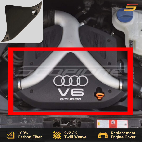 Scopione carbon fiber front engine cover installed in Audi 2.7T engine bay