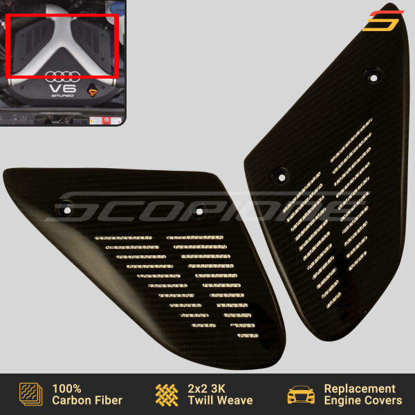 Angled view of Scopione carbon fiber side engine covers for Audi 2.7T