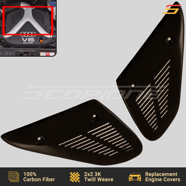 Front angled view of Scopione carbon fiber side engine bay covers for Audi 2.7T