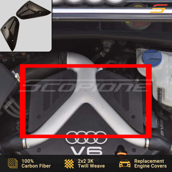 Scopione carbon fiber side engine covers installed in Audi S4 B5 2.7T engine bay