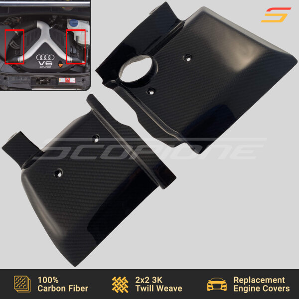 Angled view of Scopione carbon fiber valve covers for Audi S4 B5 A6 C5 2.7T