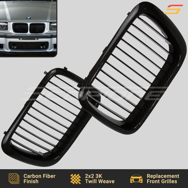 Flat Front View of Scopione Carbon Fiber Replacement Grilles for BMW E36 Facelift