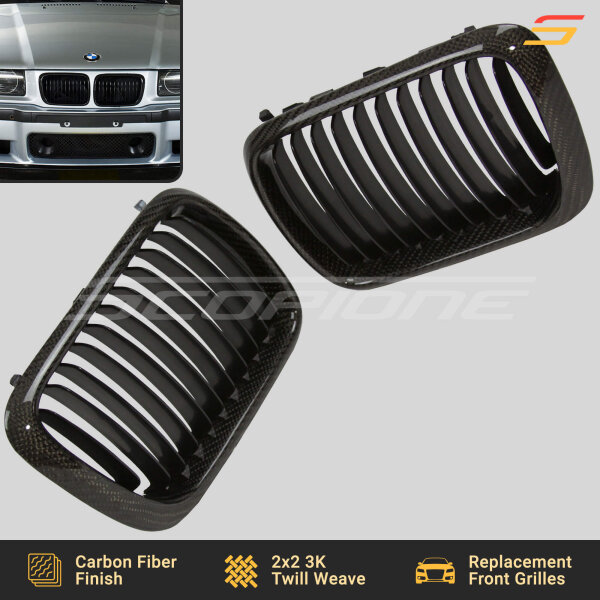 Angled View of Scopione Carbon Fiber Kidney Grilles for BMW E36 LCI