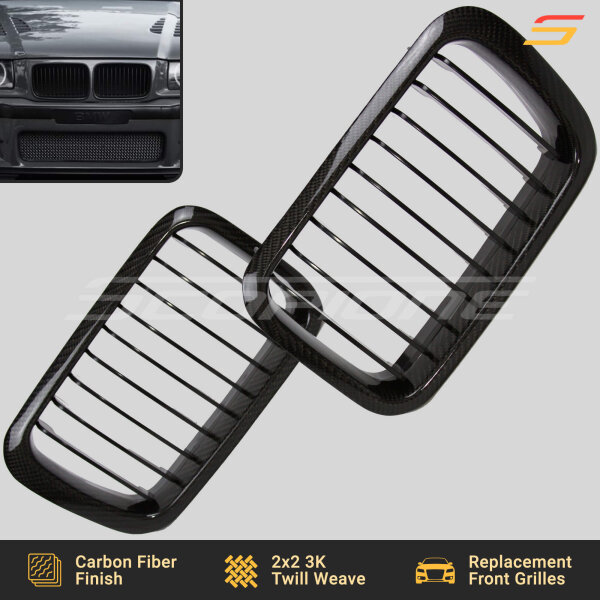 Flat Lay Front View of BMW E36 Pre-LCI Carbon Fiber Grilles by Scopione