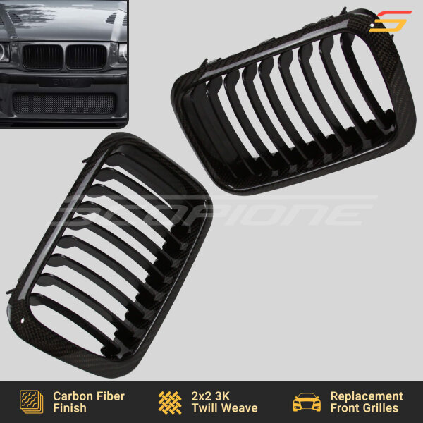 Angled View of Carbon Fiber Kidney Grilles for BMW E36 Pre-LCI by Scopione
