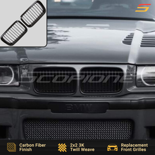 Scopione Carbon Fiber Kidney Grilles Installed on BMW E36 Pre-LCI Front Bumper