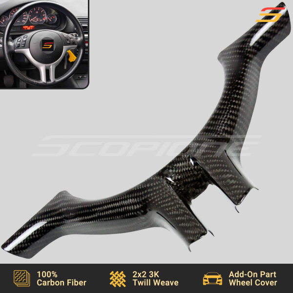 Close-Up of Scopione BMW E46 E39 Carbon Fiber Steering Wheel Trim