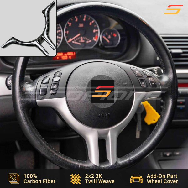 Scopione Carbon Fiber Steering Trim Installed on BMW E46 Steering Wheel