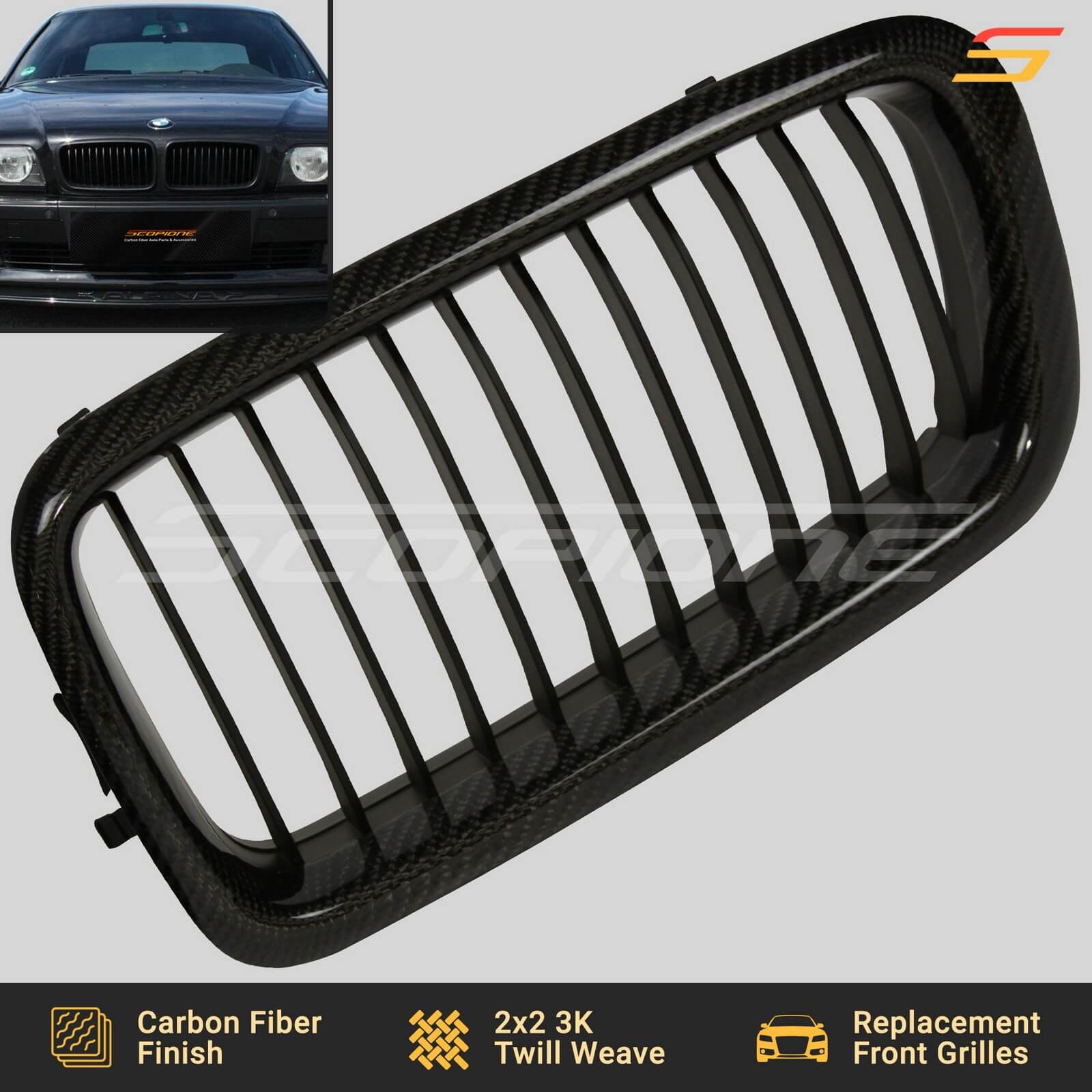 Carbon Look Front Kidney Grille For BMW E65 7 Series 2002-2004 - ABS Plastic