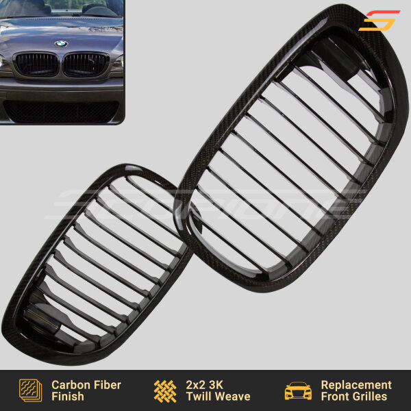 Flat Front View of Scopione Carbon Fiber Replacement Grilles for BMW E46 Coupe LCI