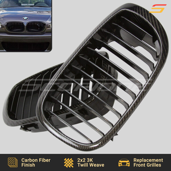 Front View of Scopione Carbon Fiber LCI Kidney Grilles for BMW E46 2-Door Coupe