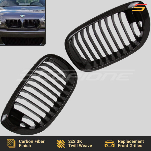 Angled View of Scopione Carbon Fiber Kidney Grilles for BMW E46 LCI Coupe