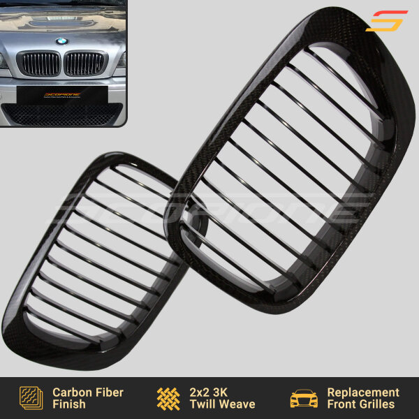 Flat Front View of Scopione BMW E46 Coupe and M3 Carbon Fiber Kidney Grilles