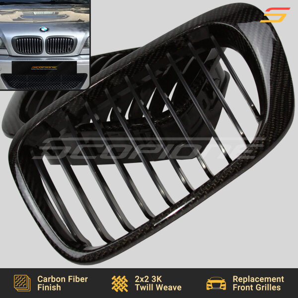 Close-Up of Carbon Fiber Weave on Scopione Kidney Grilles for BMW E46 Coupe and M3