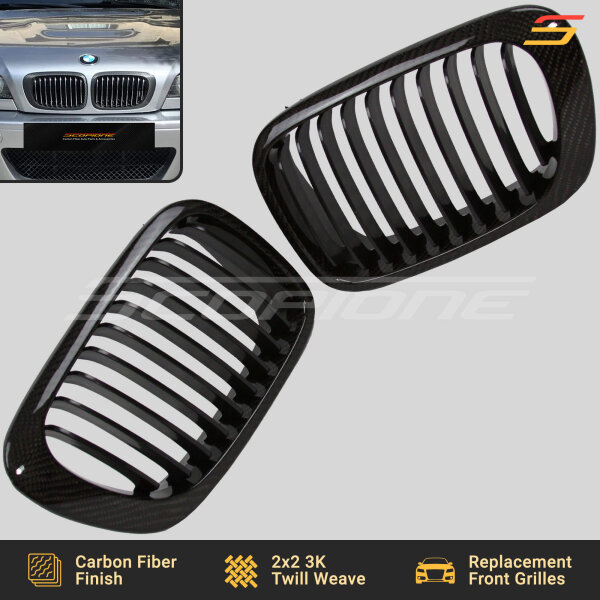 Angled View of Scopione Carbon Fiber Kidney Grilles for BMW E46 Coupe and M3