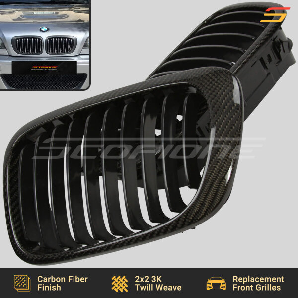 Side View of Scopione Carbon Fiber Kidney Grille Set for BMW E46 Coupe and M3