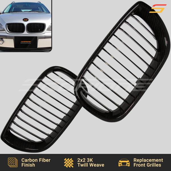 Flat Front View of Scopione Carbon Fiber Kidney Grilles for BMW E46 4-Door LCI Sedan
