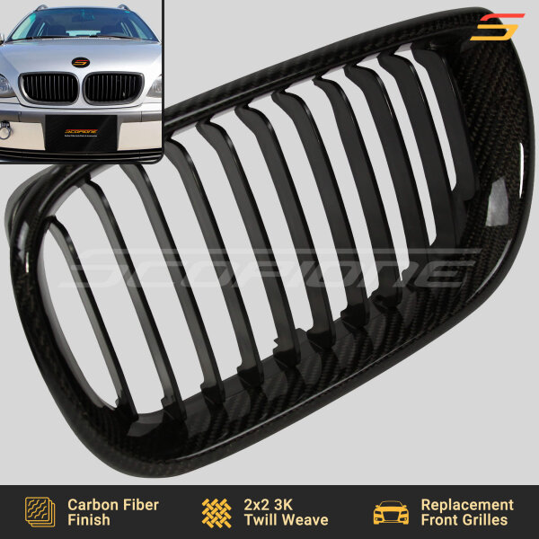Close-Up of Carbon Fiber Weave on Scopione Kidney Grilles for BMW E46 4-Door LCI Sedan