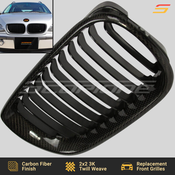 Detailed View of Scopione Carbon Fiber Kidney Grille for BMW E46 LCI 4-Door Sedan