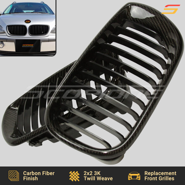 Angled View of Scopione Carbon Fiber Kidney Grilles for BMW E46 LCI 4-Door Sedan