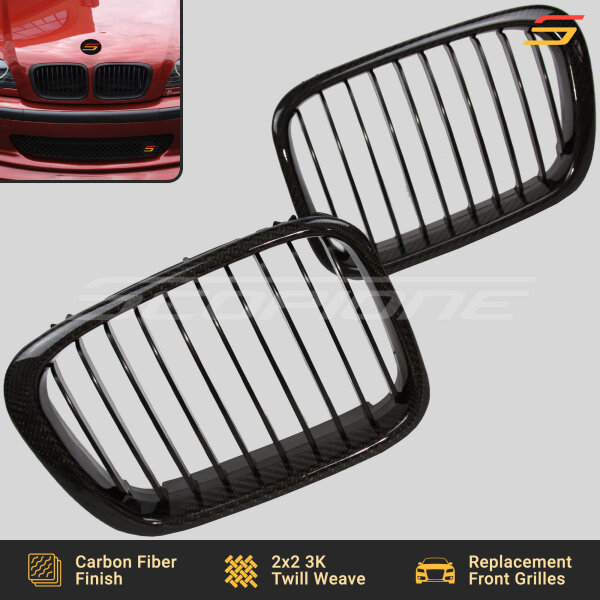 Flat Lay Front View of Scopione Carbon Fiber Kidney Grilles for BMW E46 Pre-LCI 4-Door Sedan