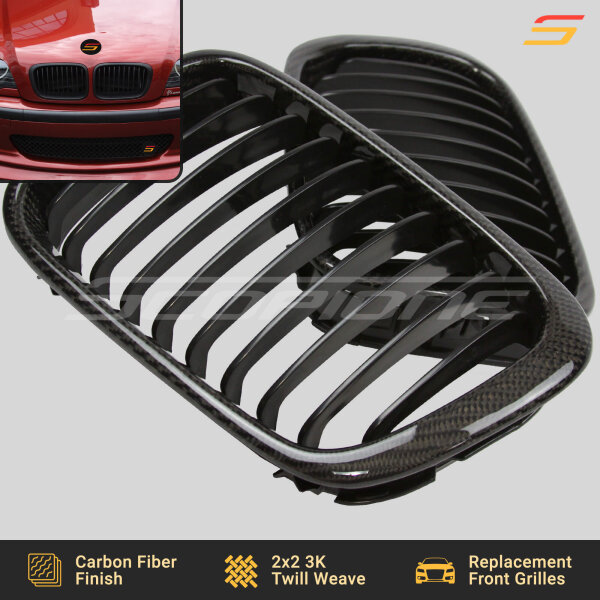 Close-Up of Carbon Fiber Weave on Scopione Kidney Grilles for BMW E46 4-Door Pre-LCI Sedan