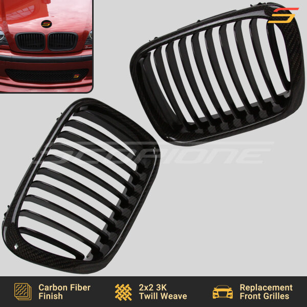 Angled View of Scopione Carbon Fiber Kidney Grilles for BMW E46 4-Door Sedan Pre-LCI