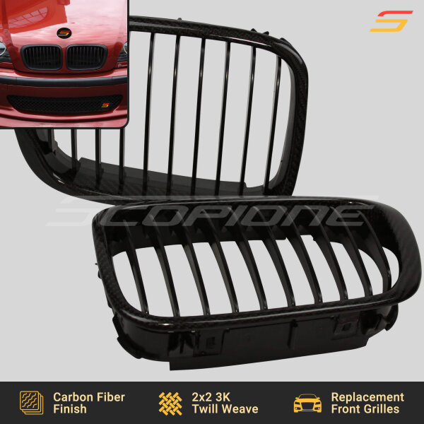 Side View of Scopione Carbon Fiber Kidney Grilles for BMW E46 4-Door Pre-LCI Sedan