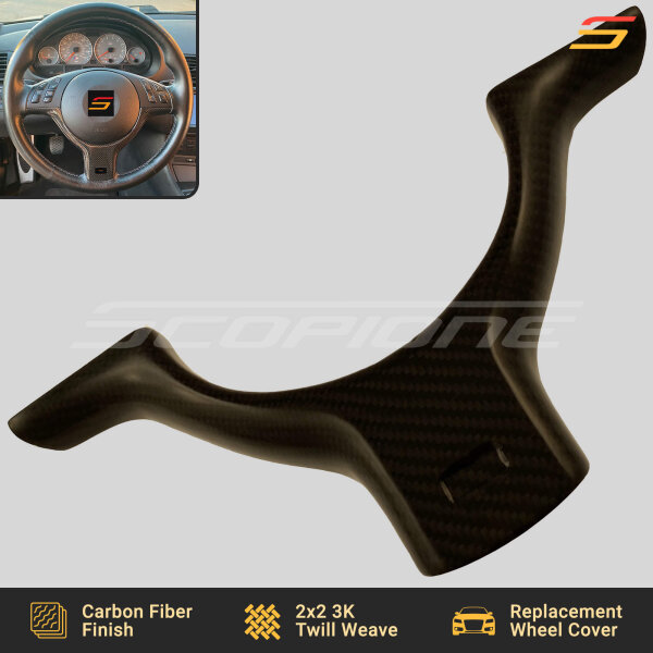 Close-up of carbon fiber weave on Scopione steering wheel trim for BMW M3 E46 and M5 E39