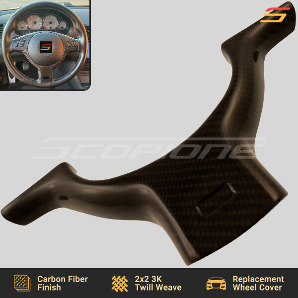 Angled view of Scopione carbon fiber steering trim for BMW M3 E46 and M5 E39