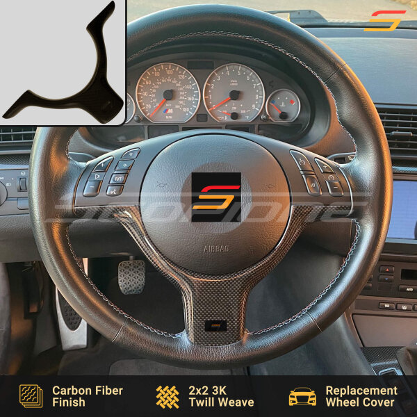 Scopione carbon fiber steering trim installed on BMW M3 E46 or M5 E39 steering wheel
